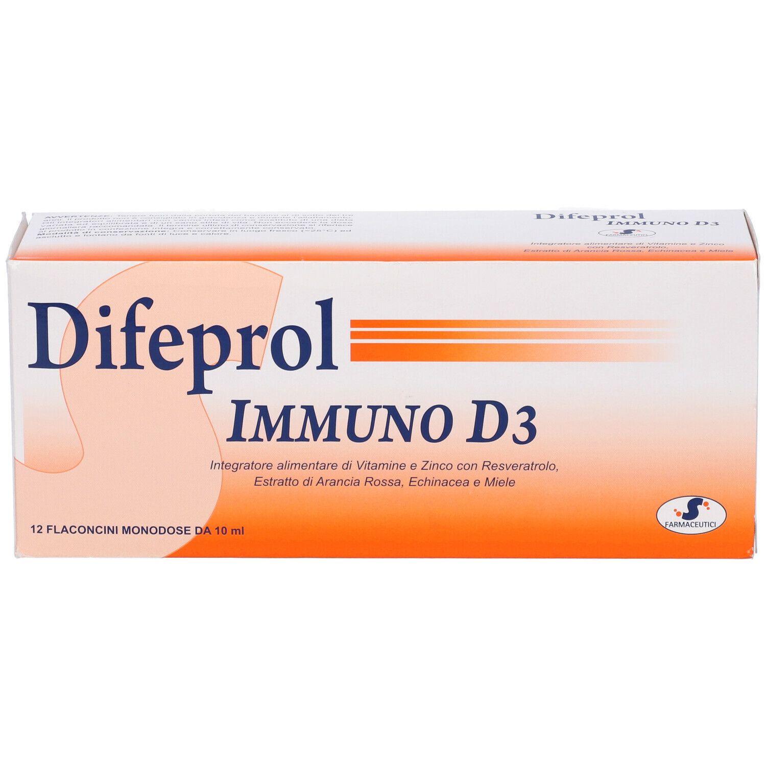 Confezione Difeprol Immuno D3. Bianca e arancione. Nome prodotto e '12 Flaconcini' ben visibili.