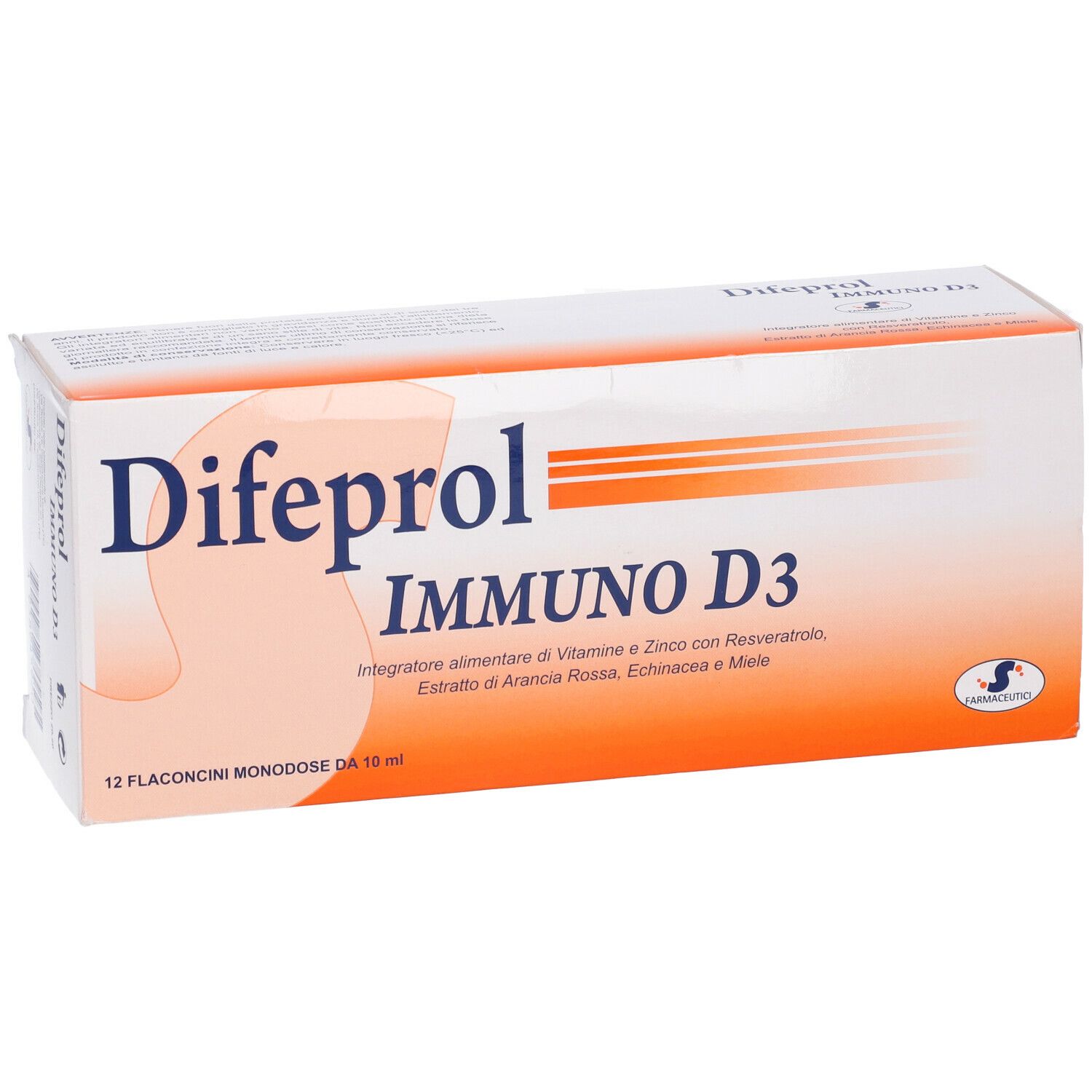 Confezione Difeprol Immuno D3. Bianca e arancione. Nome prodotto e '12 Flaconcini' ben visibili.