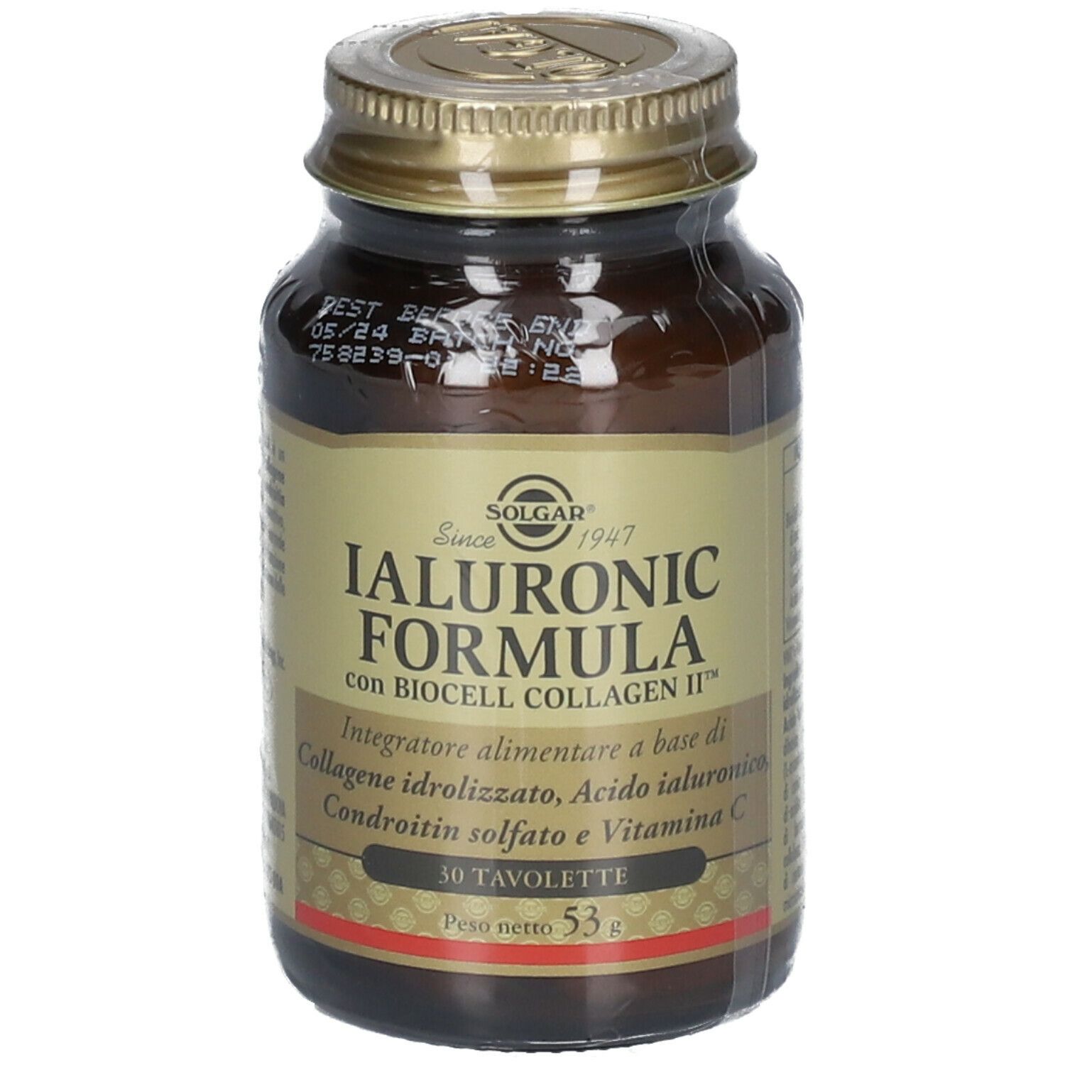 Flacone di vetro marrone con coperchio dorato. Scritta: IALURONIC FORMULA, 30 compresse. Marchio: SOLGAR.