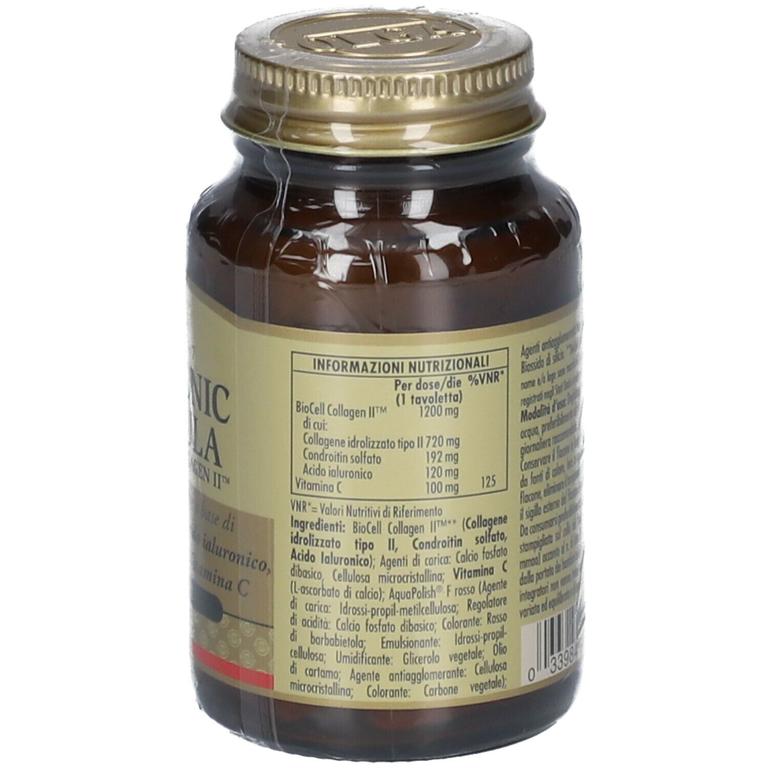 Retro di un flacone di vetro marrone. Testo: informazioni nutrizionali, ingredienti, informazioni sul produttore.