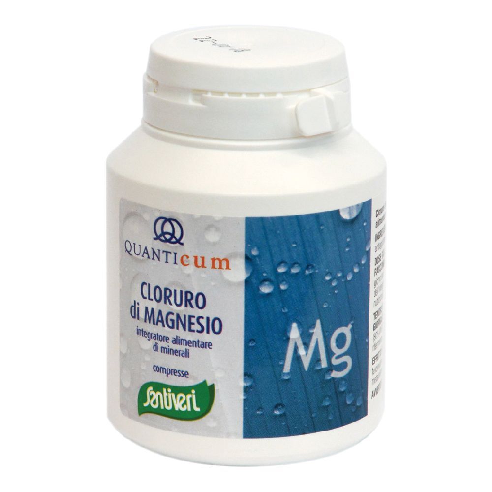Flacone bianco con etichetta. Scritta: Quanticum Cloruro di Magnesio. Contiene compresse.