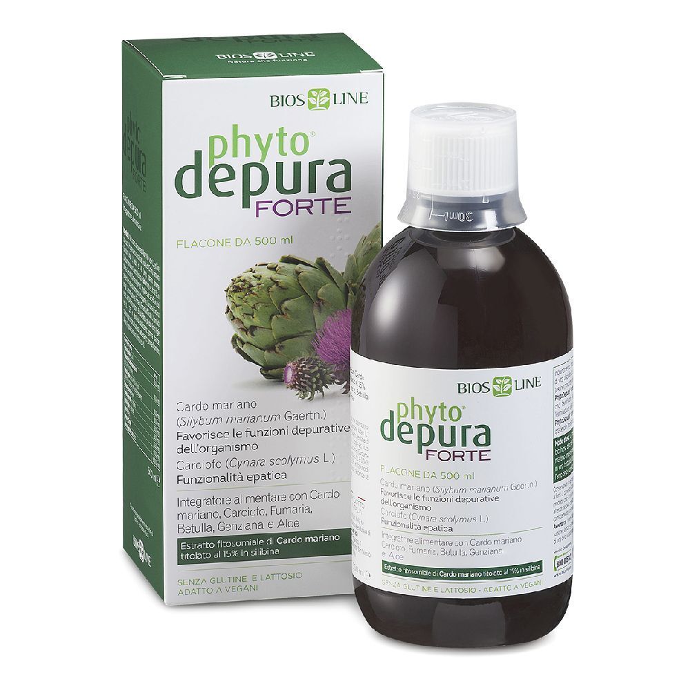Liquido in bottiglia e confezione. Scritta: PhytoDepura Forte. Contiene carciofo e cardo mariano. 500 ml.