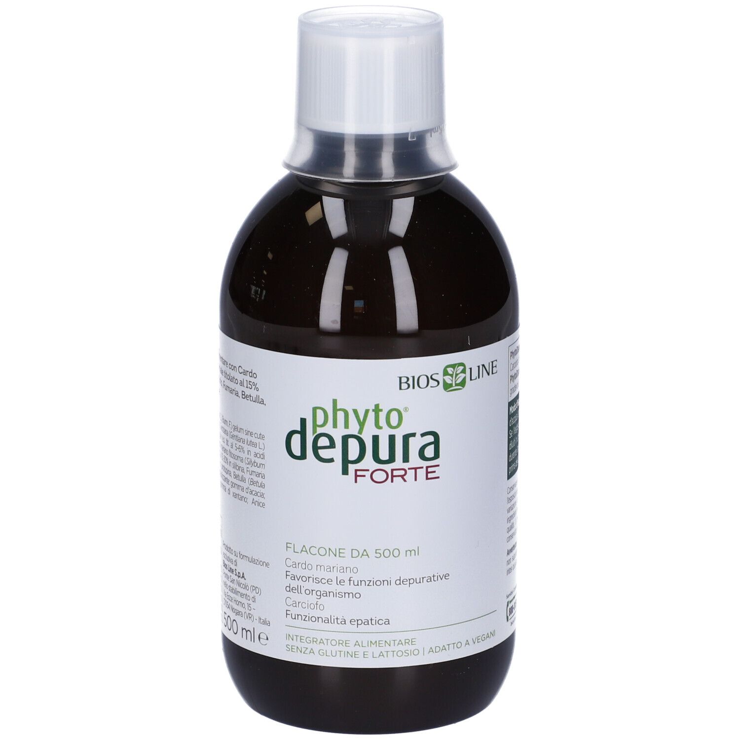 Liquido marrone in bottiglia con tappo bianco. Scritta: PhytoDepura Forte. 500 ml.