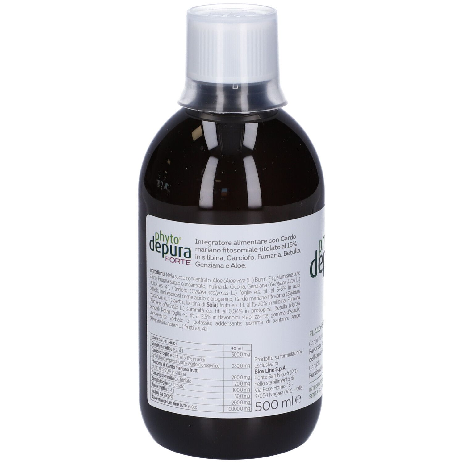 Retro di una bottiglia di liquido marrone. Scritta: PhytoDepura Forte. Elenco ingredienti e informazioni nutrizionali. 500 ml.