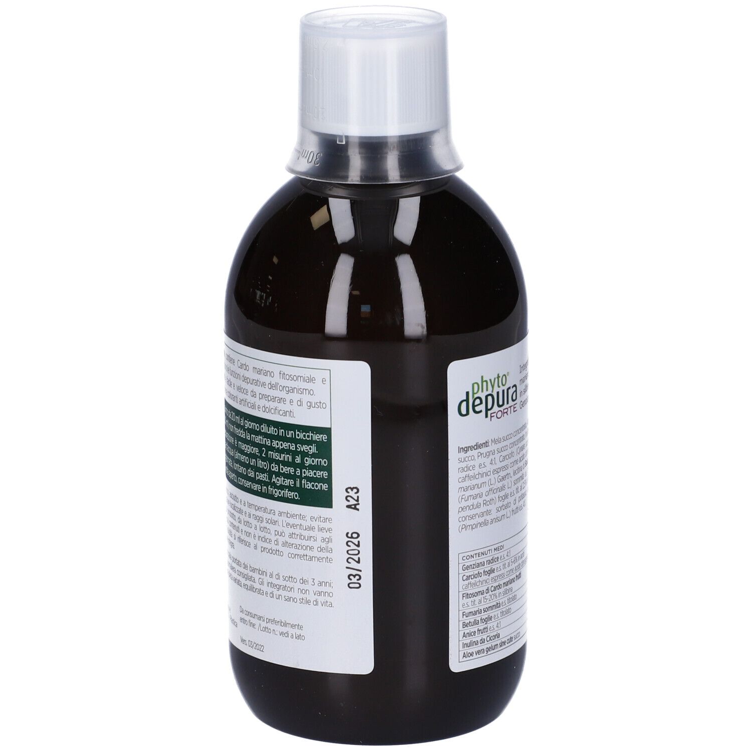 Retro di una bottiglia di liquido marrone. Scritta: PhytoDepura Forte. Scadenza 03/2026. 500 ml.