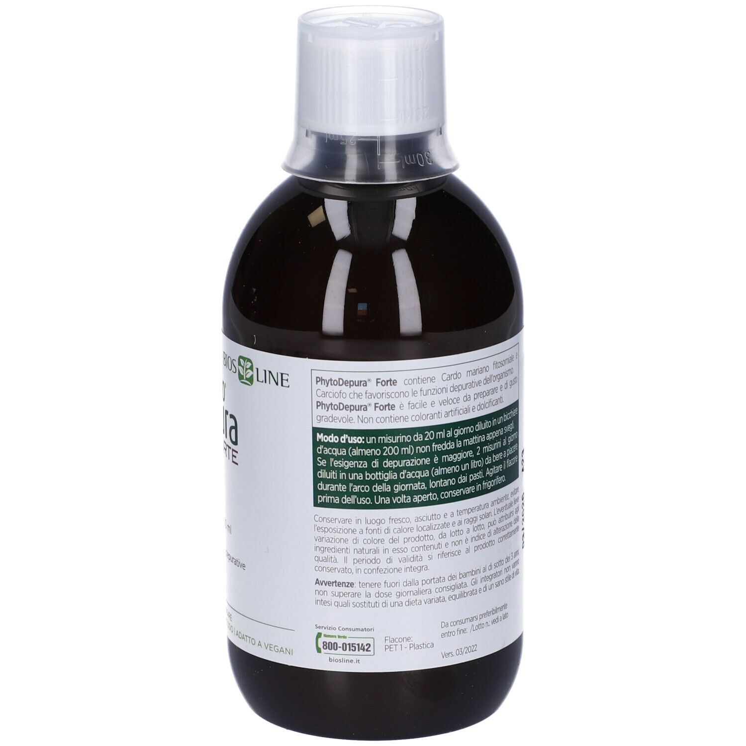 Retro di una bottiglia di liquido marrone. Scritta: PhytoDepura Forte. Istruzioni per l'uso. 500 ml.