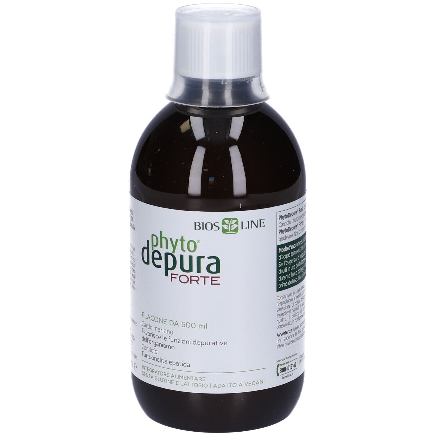 Liquido marrone in bottiglia con tappo bianco. Scritta: PhytoDepura Forte. 500 ml.
