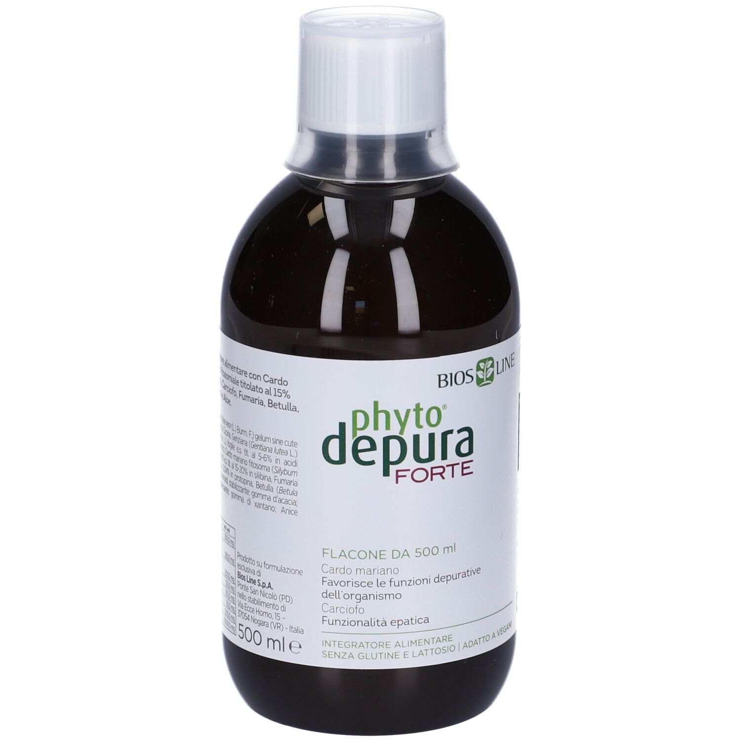 Liquido marrone in bottiglia con tappo bianco. Scritta: PhytoDepura Forte. 500 ml.