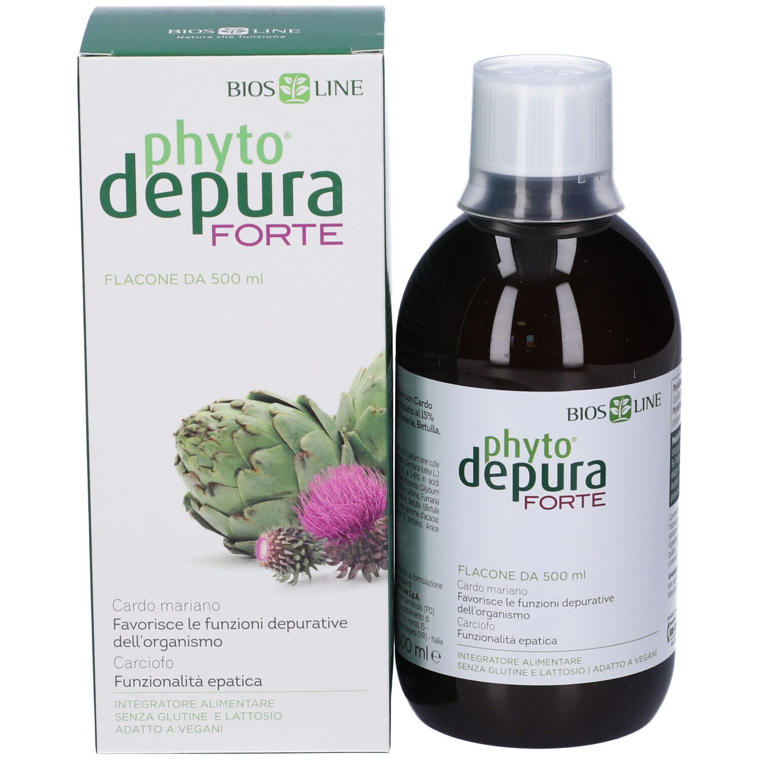 Bottiglia e confezione. Scritta: PhytoDepura Forte. Contiene carciofo e cardo mariano. 500 ml.