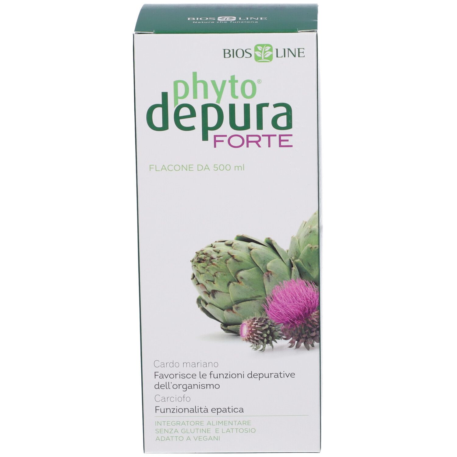 Confezione. Scritta: PhytoDepura Forte. Contiene carciofo e cardo mariano. 500 ml.