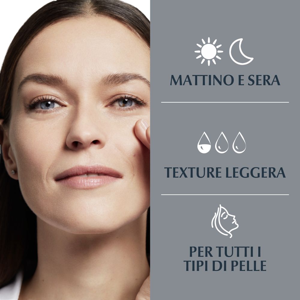 Donna tocca il viso. Testo: Mattina e sera, texture leggera, per tutti i tipi di pelle. Simboli.