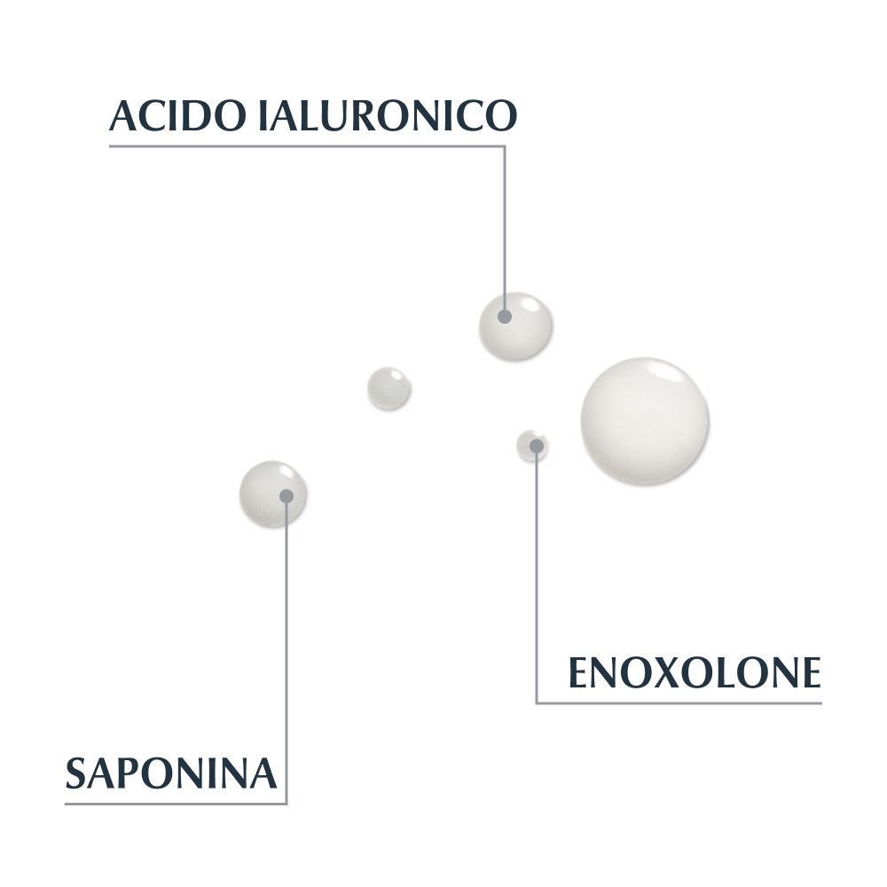 Grafico con gocce e testo: Acido Ialuronico, Enoxolone, Saponina. Gocce bianche su sfondo bianco.