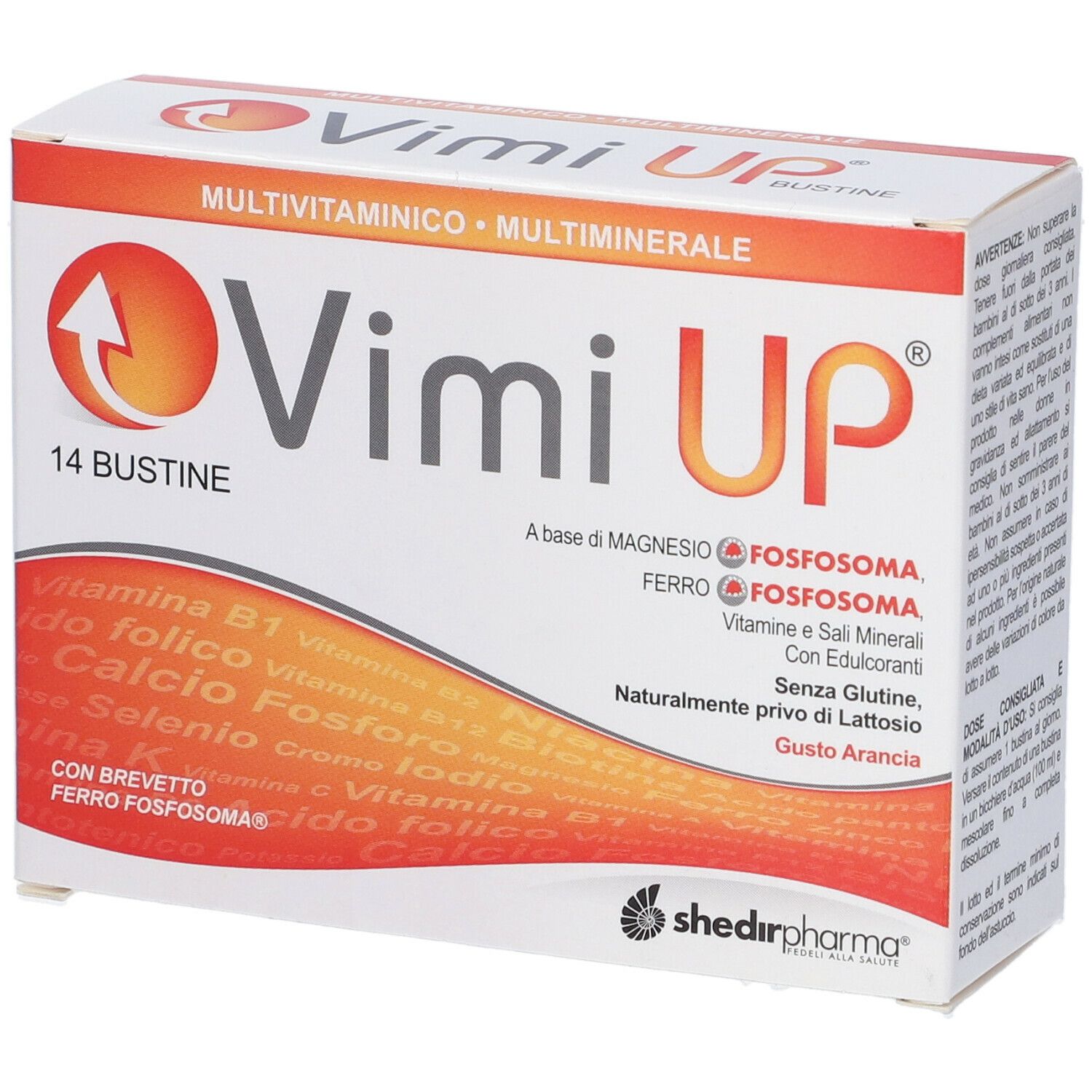 Scatola Vimi Up. 14 bustine. Design arancione. Contiene multivitamine e minerali.