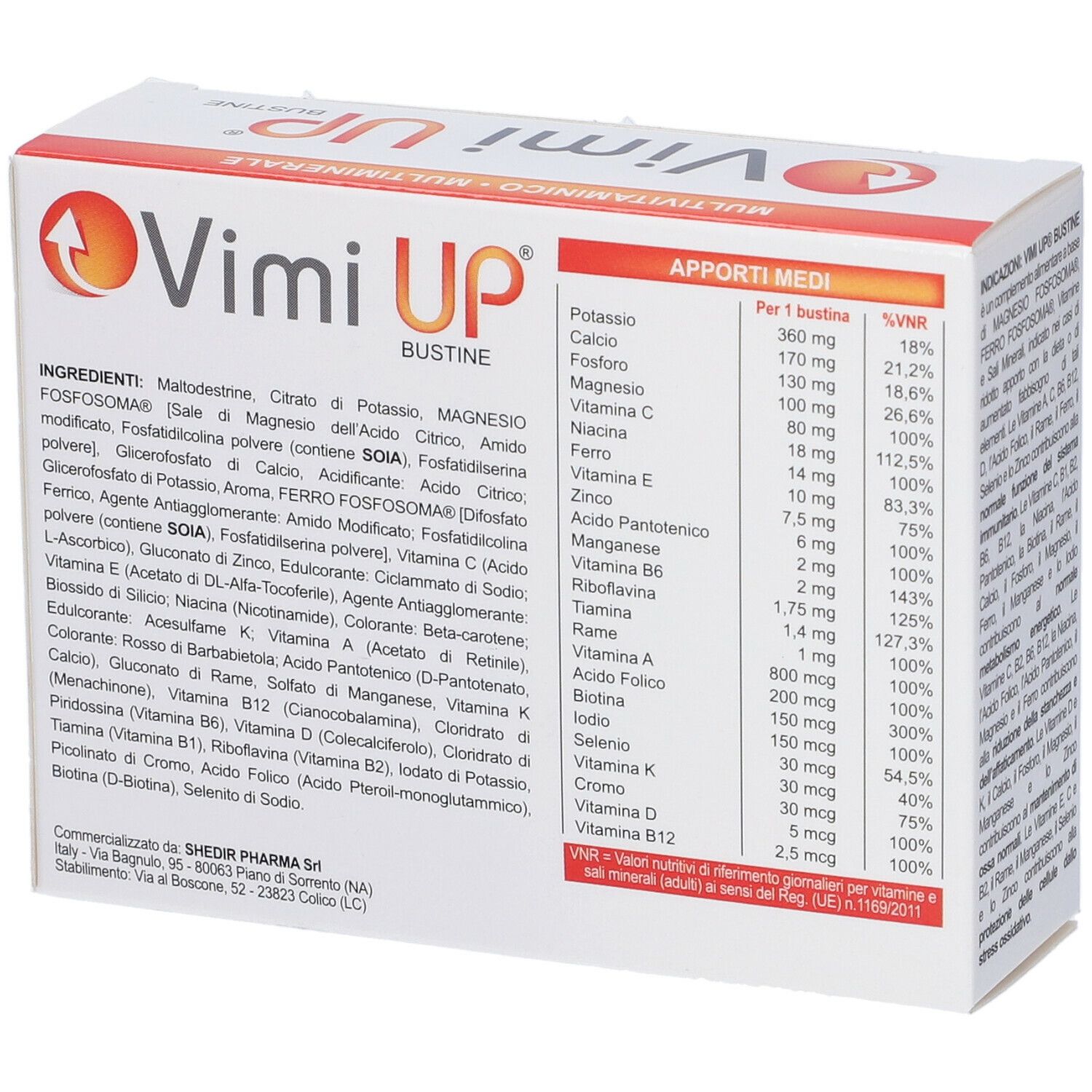 Scatola Vimi Up. 14 bustine. Contiene informazioni nutrizionali. Testo in italiano.