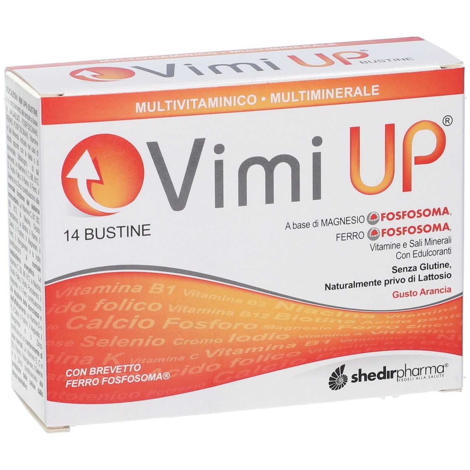 Scatola Vimi Up. 14 bustine. Design arancione. Contiene multivitamine e minerali.