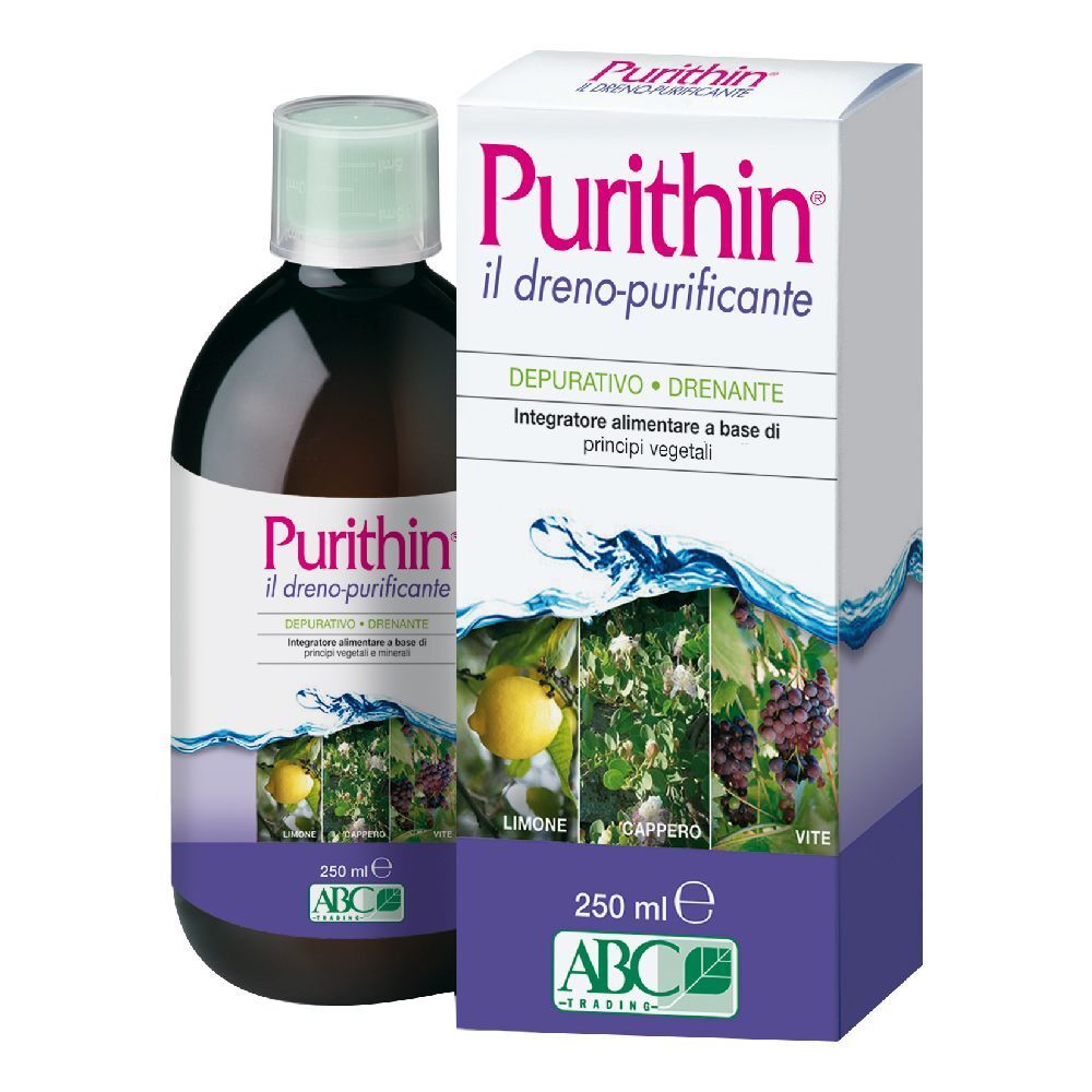 Flacone e confezione. Scritta Purithin, il dreno-purificante. Illustrazione di limone e uva. 250 ml.