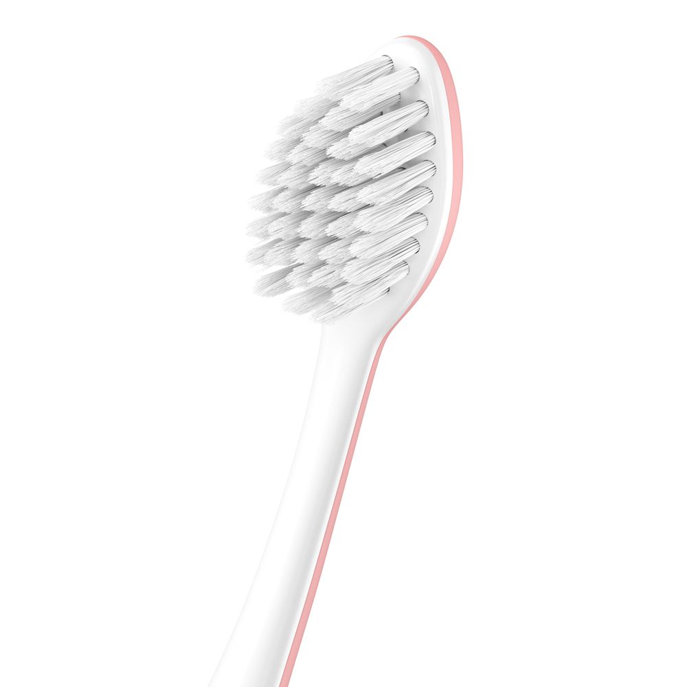 Nahaufnahme des Bürstenkopfes einer Zahnbürste. Weiße Borsten mit rosa Akzenten. Der Bürstenkopf ist abgerundet.