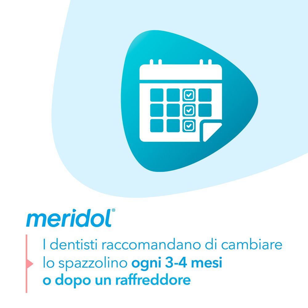 Grafik mit Kalendersymbol. Text: „meridol“. Text: „Die Zahnärzte empfehlen, die Zahnbürste alle 3-4 Monate oder nach Erkältung zu wechseln“.
