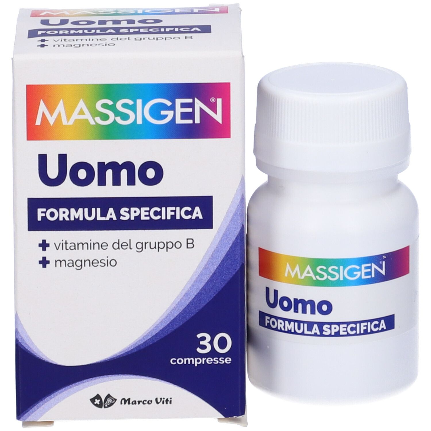 Produktpackung und Flasche. Packung mit Massigen Uomo, 30 Tabletten. Flasche mit Massigen Uomo.