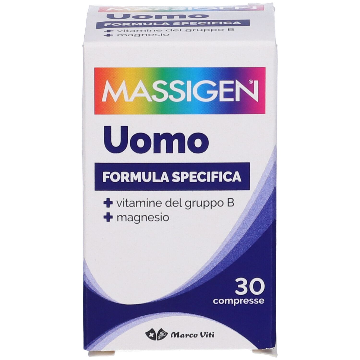 Produktpackung mit Massigen Uomo, 30 Tabletten. Text: Formel, Vitamine B, Magnesium.