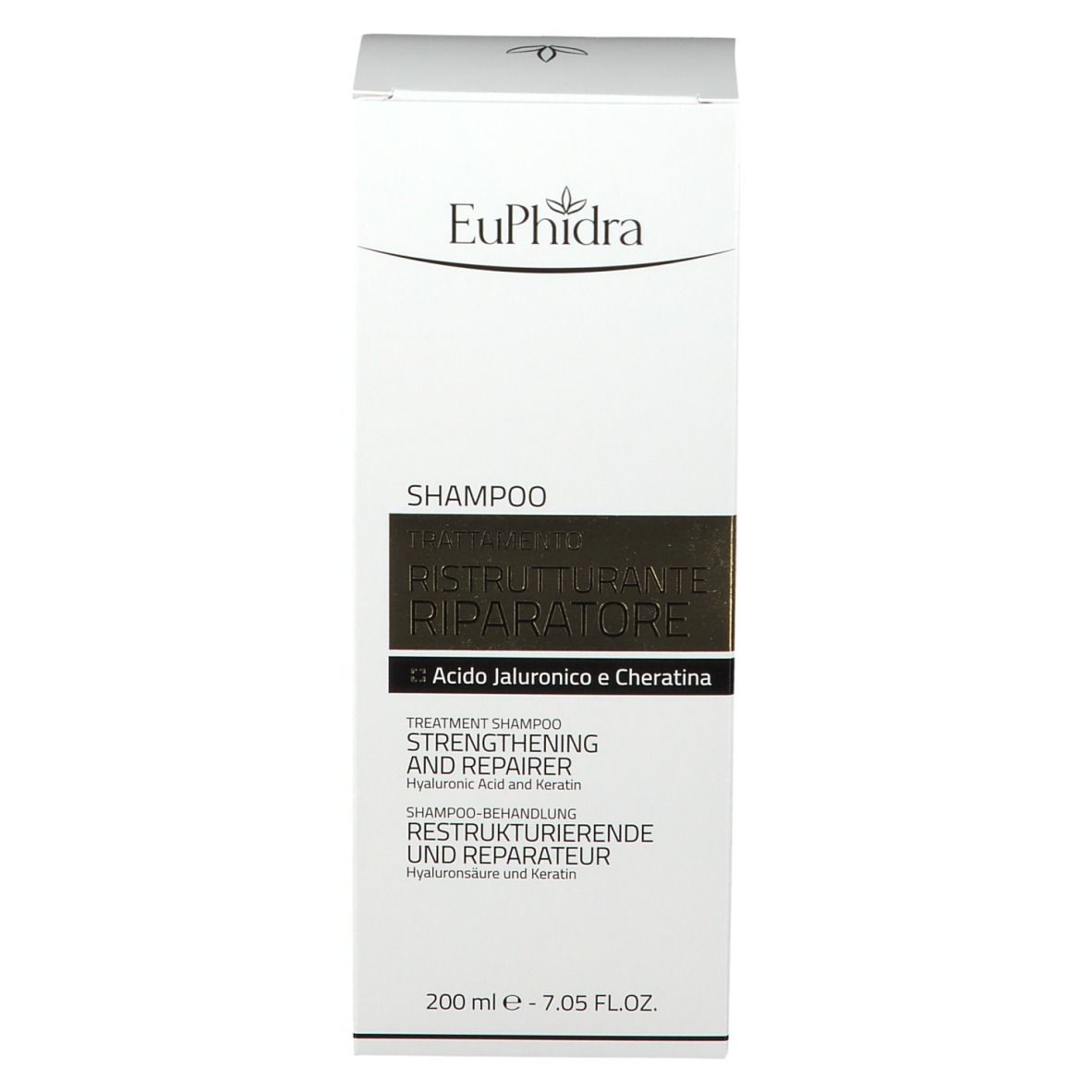 Scatola bianca con scritta: Shampoo, trattamento ristrutturante riparatore. 200 ml.