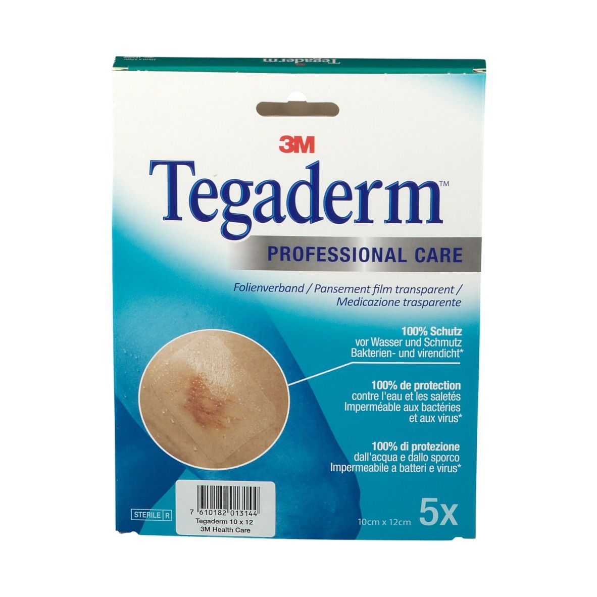 3M Tegaderm Verpackung. Blauer Karton mit Produktabbildung und Text. Enthält 5 Verbände. 10x12cm.