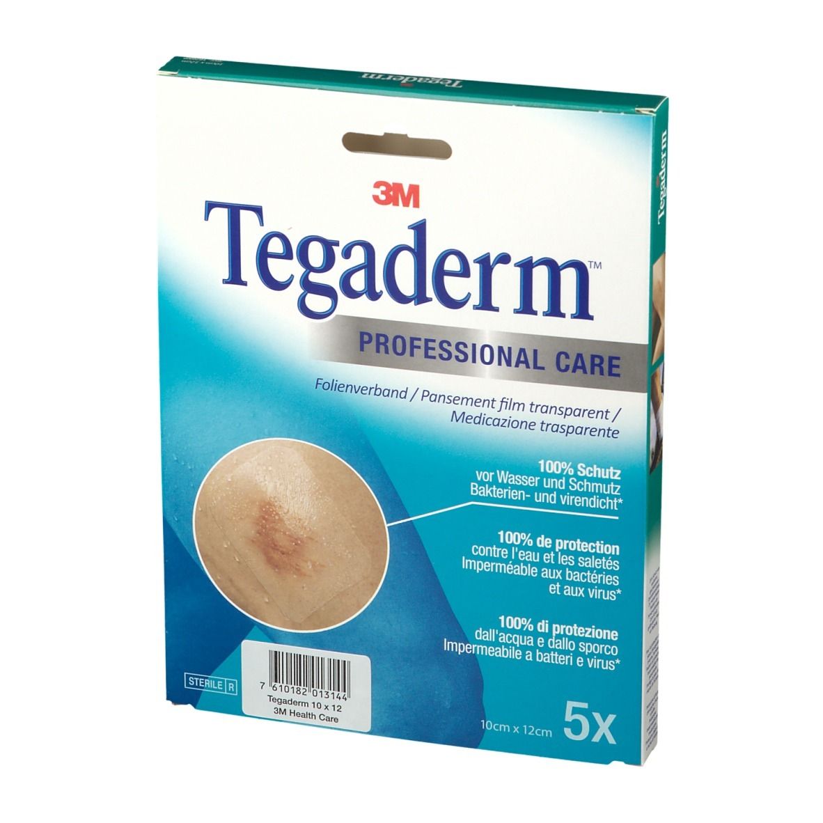 3M Tegaderm Verpackung. Blauer Karton mit Produktabbildung und Text. Enthält 5 Verbände. 10x12cm.