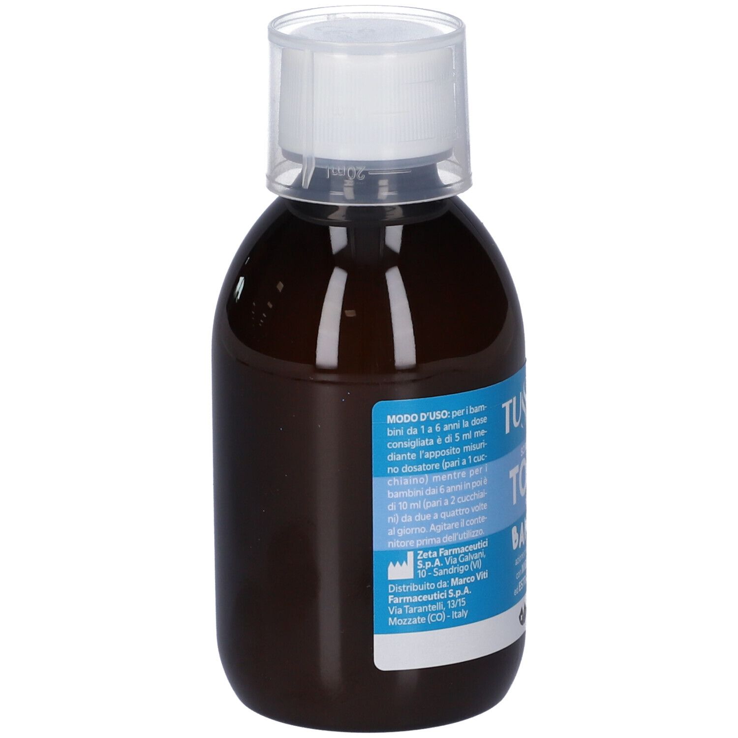 Braune Glasflasche mit dunkler Flüssigkeit und weißem Etikett mit Produktinformationen.