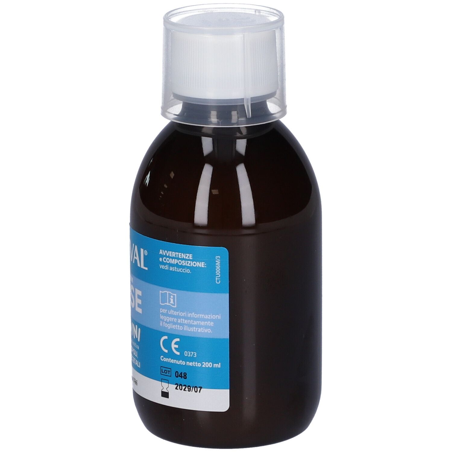 Tusceval Hustensirup für Erwachsene, dunkle Flüssigkeit in einer braunen Glasflasche.