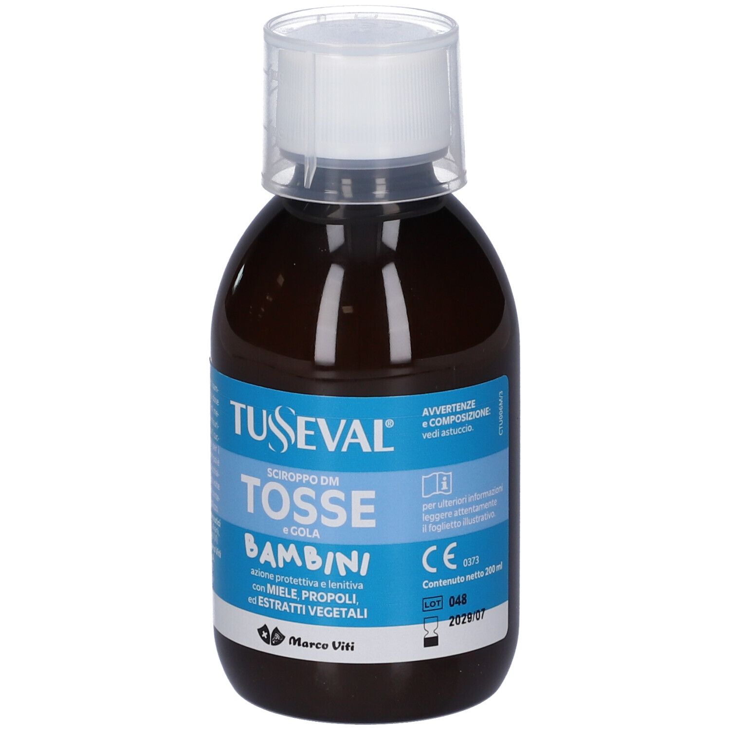 Braune Glasflasche mit Hustensirup für Kinder, 200 ml.