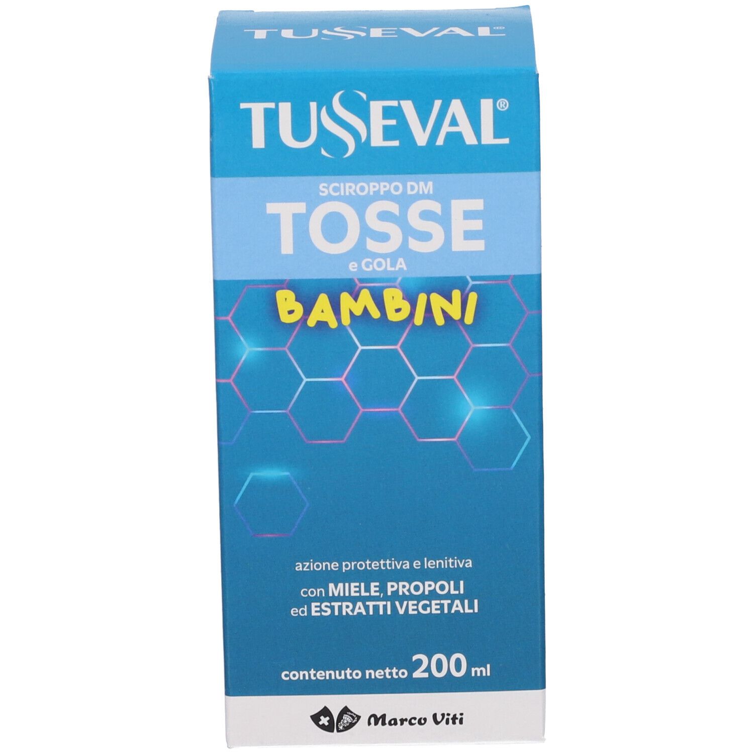 Blauer Karton für Husten- und Halssirup für Kinder, 200 ml.