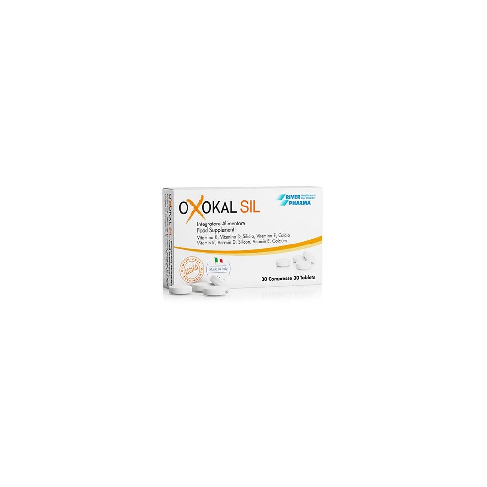 Confezione di Oxokal Sil, 30 compresse. Contiene vitamine K, D, silicio, E, calcio. Senza glutine e lattosio.