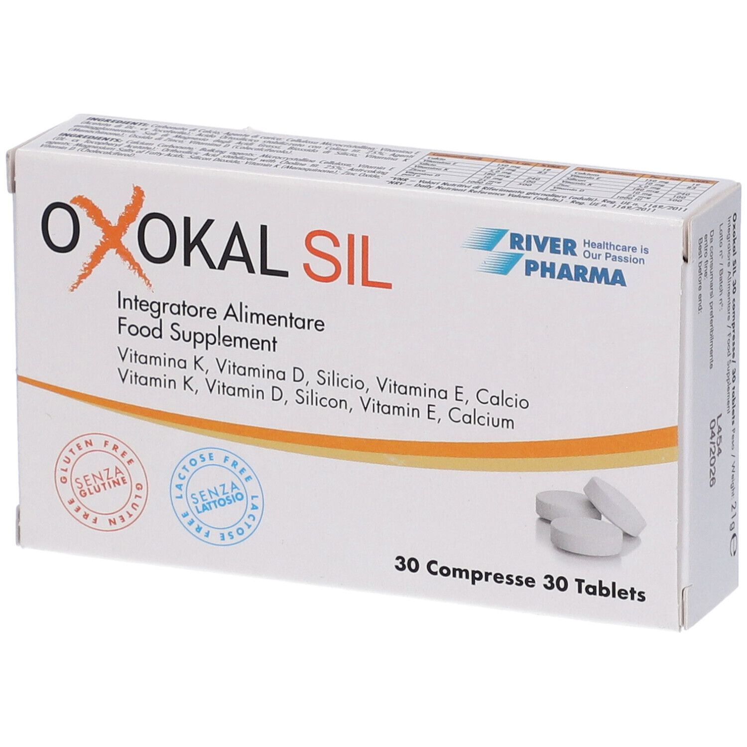 Confezione di Oxokal Sil, 30 compresse. Contiene vitamine K, D, silicio, E, calcio. Senza glutine e lattosio.