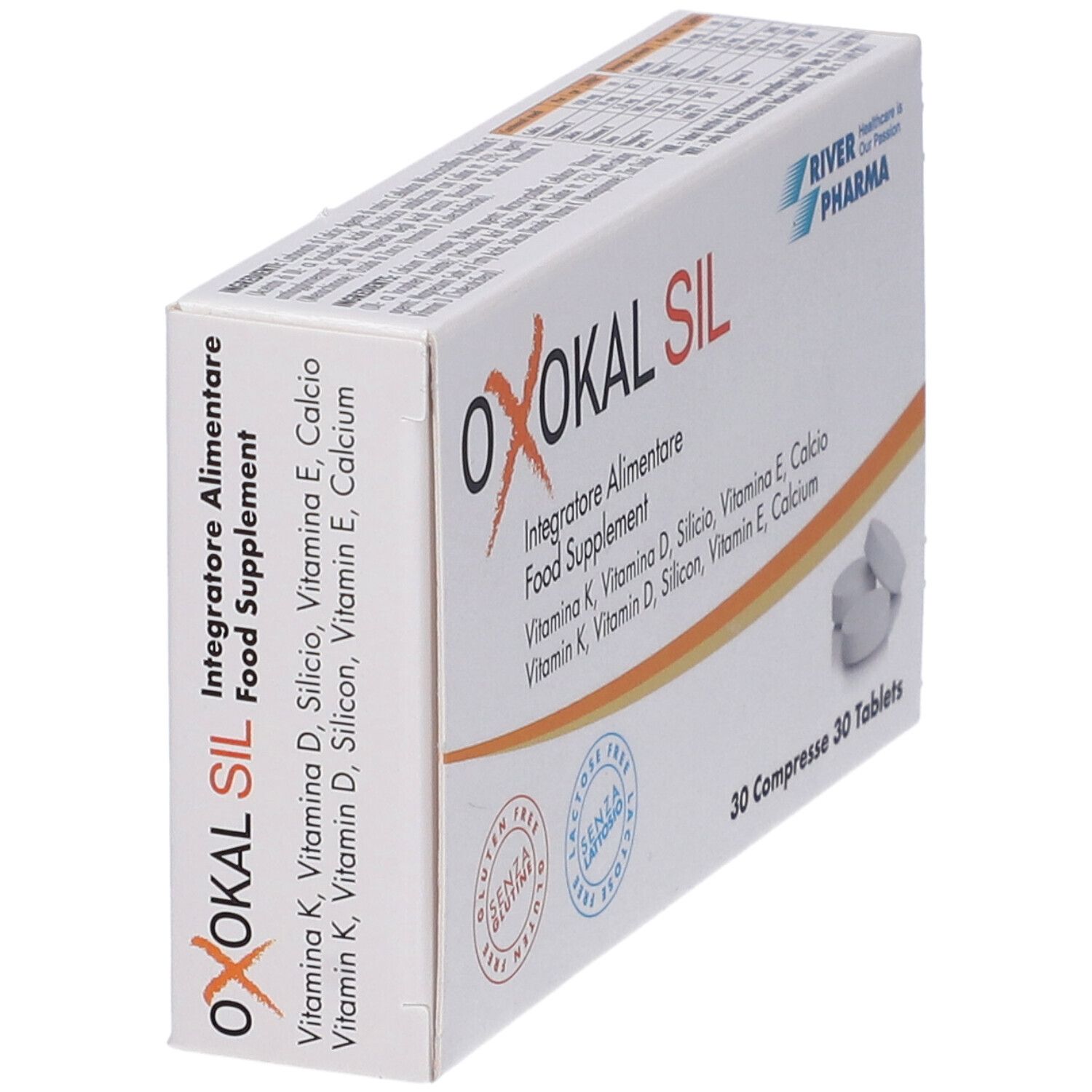 Confezione di Oxokal Sil inclinata, 30 compresse. Contiene vitamine K, D, silicio, E, calcio. Senza glutine e lattosio.