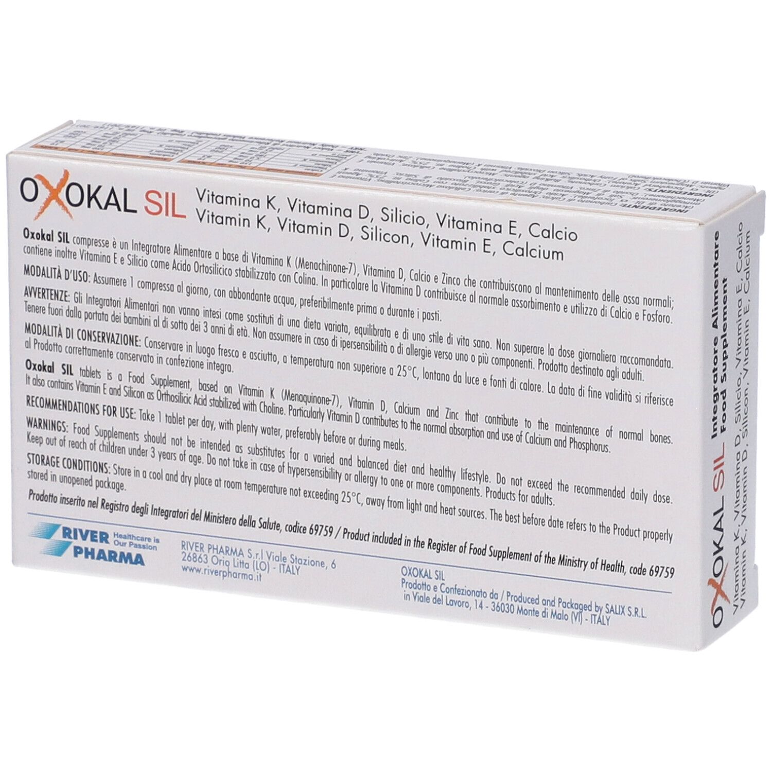 Retro della confezione Oxokal Sil. Informazioni su ingredienti e uso. 30 compresse.