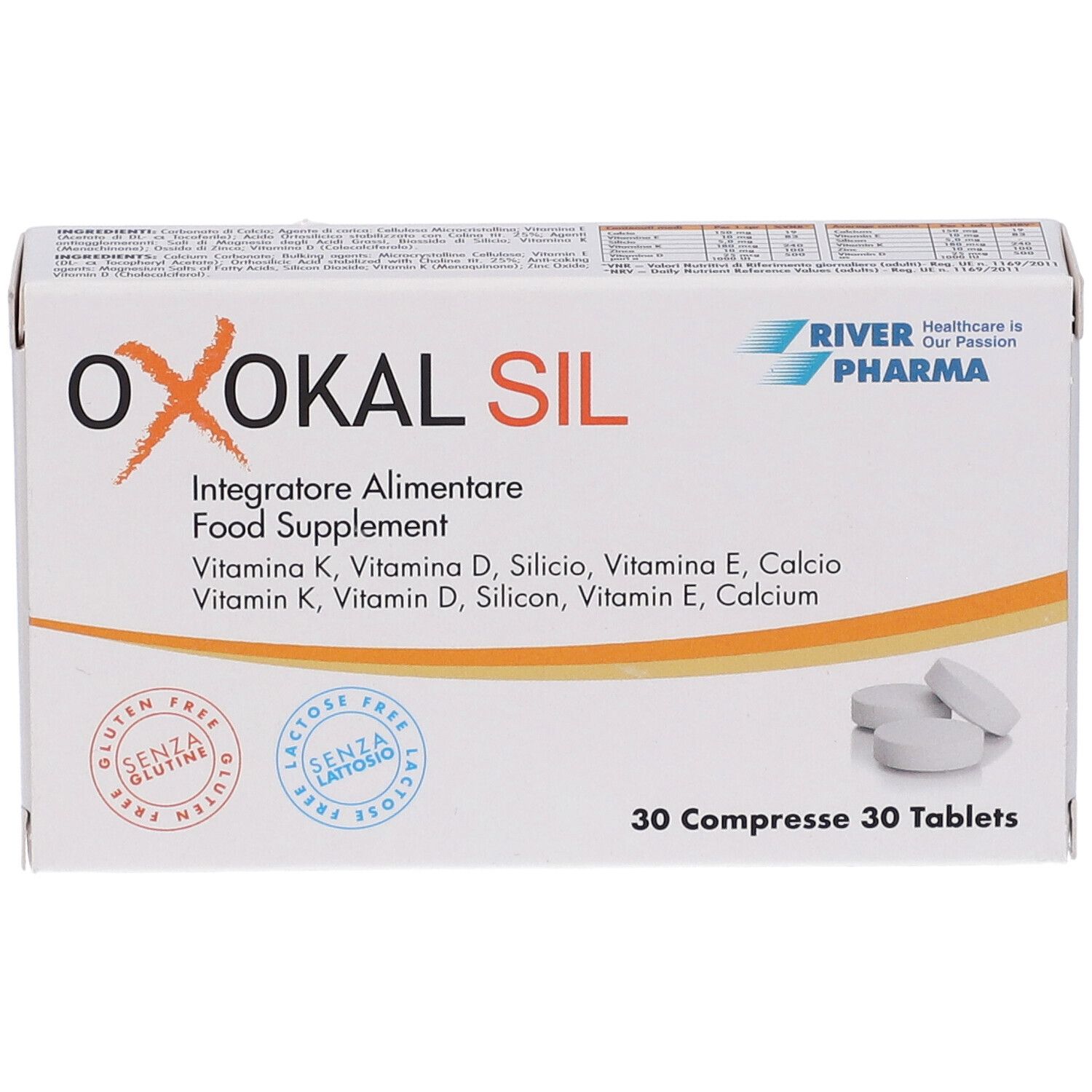 Confezione di Oxokal Sil, 30 compresse. Contiene vitamine K, D, silicio, E, calcio. Senza glutine e lattosio.