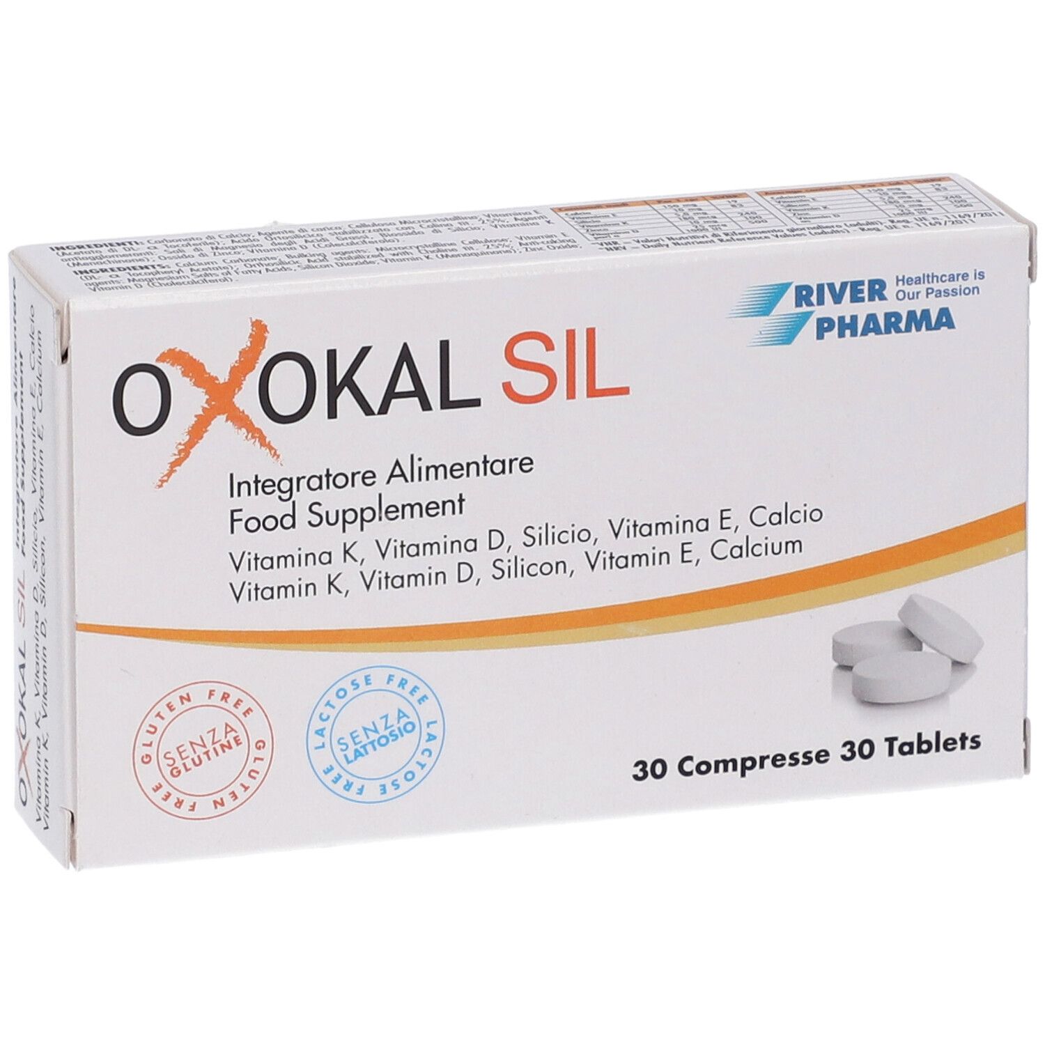 Confezione di Oxokal Sil, 30 compresse. Contiene vitamine K, D, silicio, E, calcio. Senza glutine e lattosio.