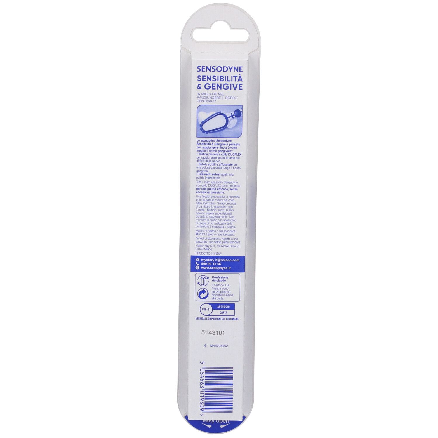 Sensodyne Sensibilità & Gengive Zahnbürste in Blisterverpackung mit Produktinformationen.