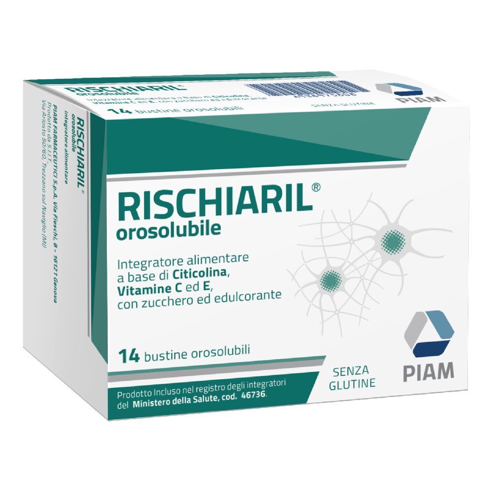 Schachtel mit RISCHIARIL Orosoluble. 14 Beutel, glutenfrei. Enthält Citicolin, Vitamin C und E.