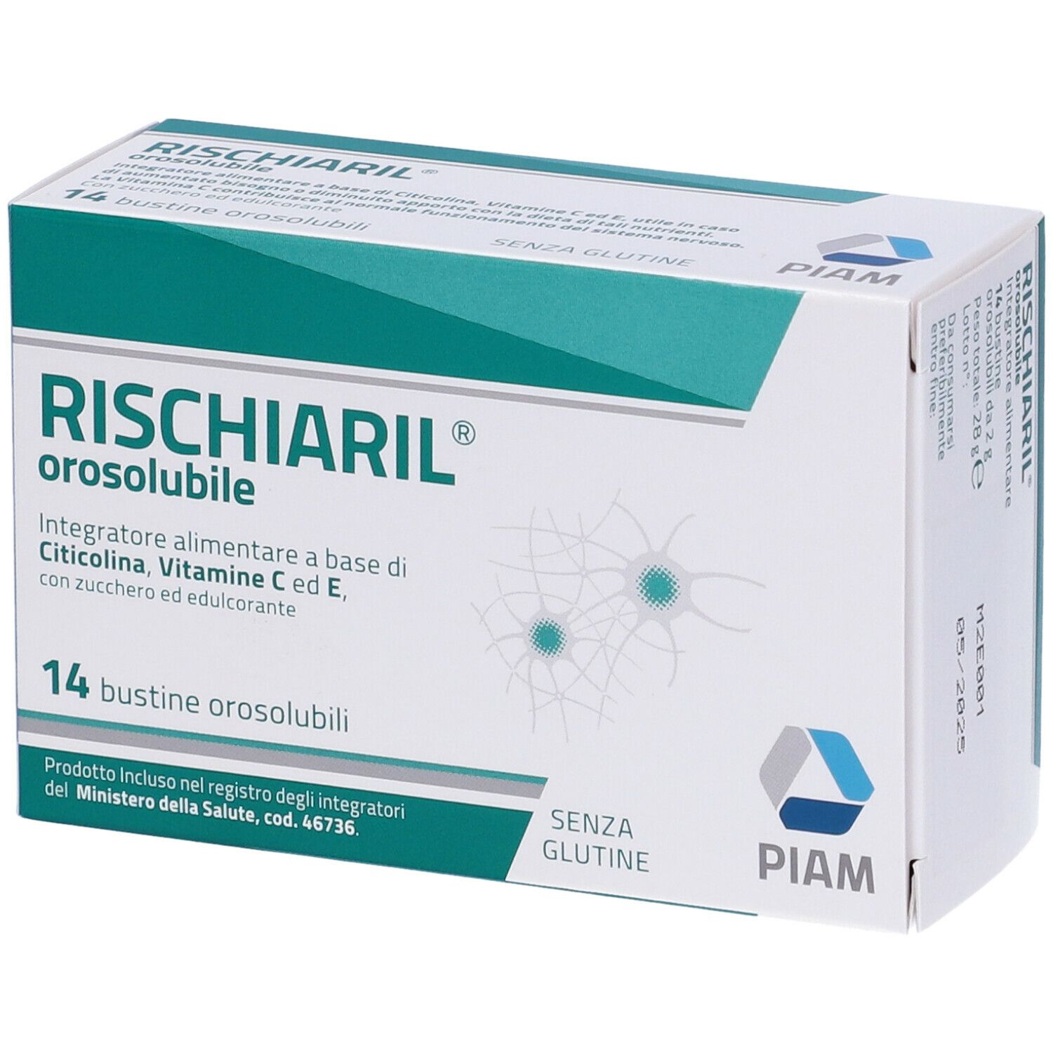 Schachtel RISCHIARIL Orosoluble, 14 Beutel. Enthält Citicolin, Vitamin C und E. Glutenfrei.