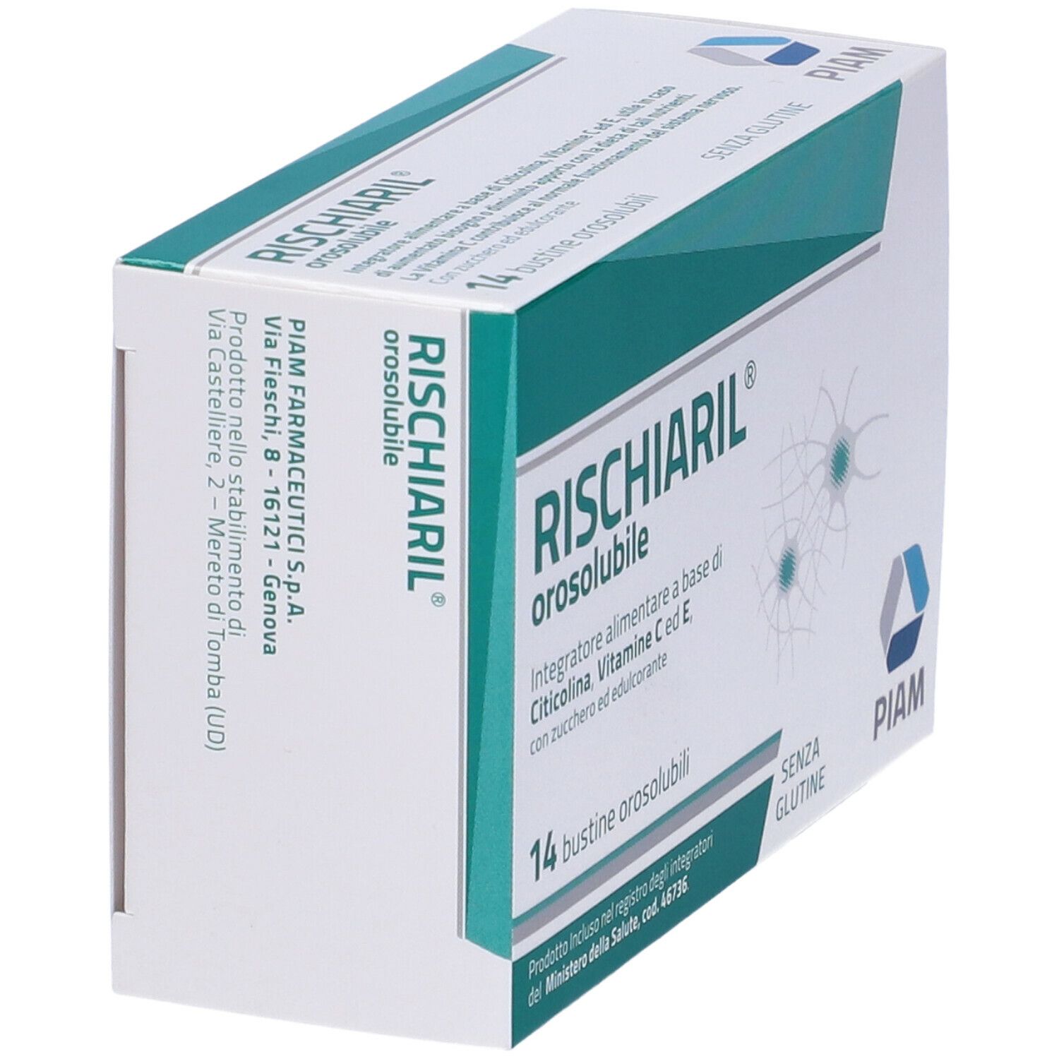 Schachtel RISCHIARIL Orosoluble, 14 Beutel. Enthält Citicolin, Vitamin C und E. Glutenfrei.