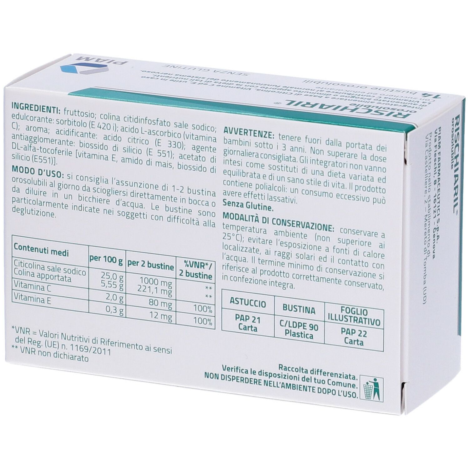 Rückseite der RISCHIARIL Orosoluble-Schachtel. Inhaltsstoffe, Nährwertangaben, Hinweise. 14 Beutel.