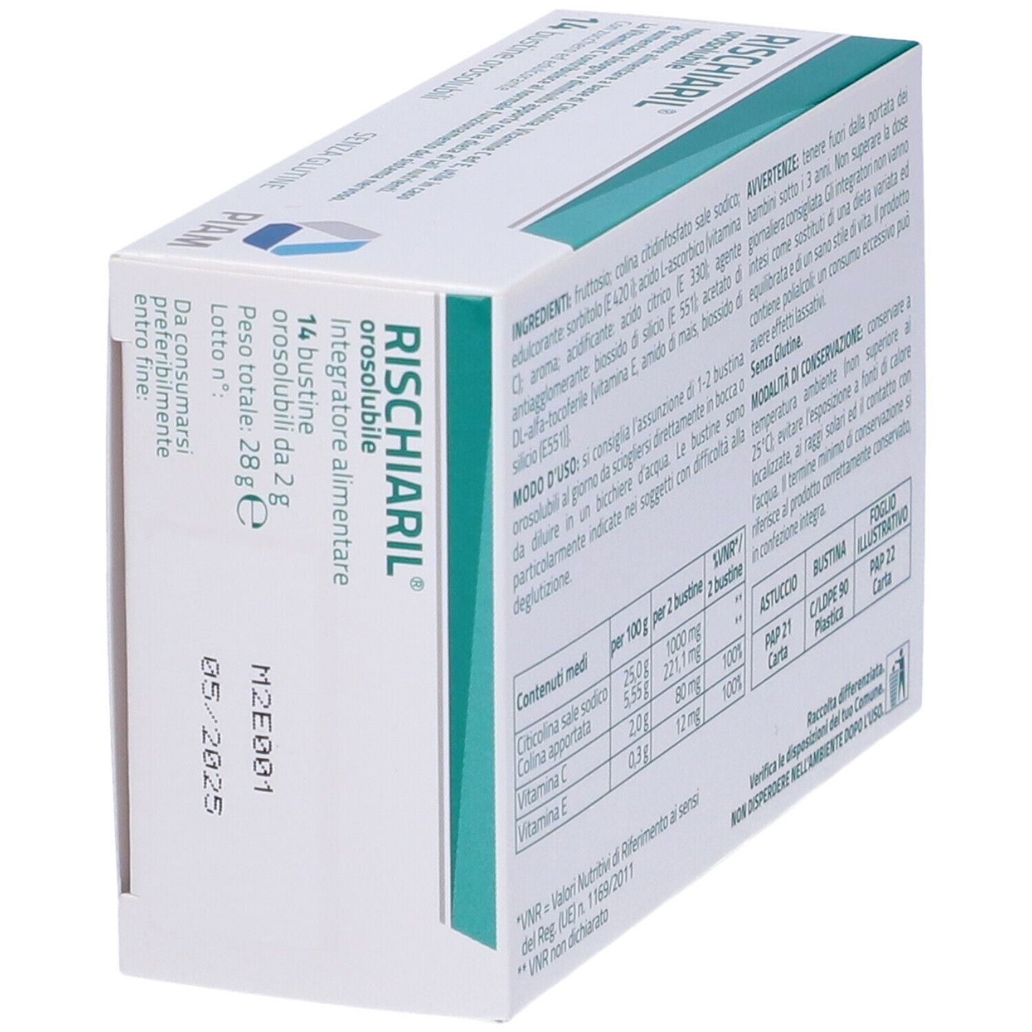Rückseite der RISCHIARIL Orosoluble-Schachtel. Inhaltsstoffe, Nährwertangaben, Verfallsdatum. 14 Beutel.