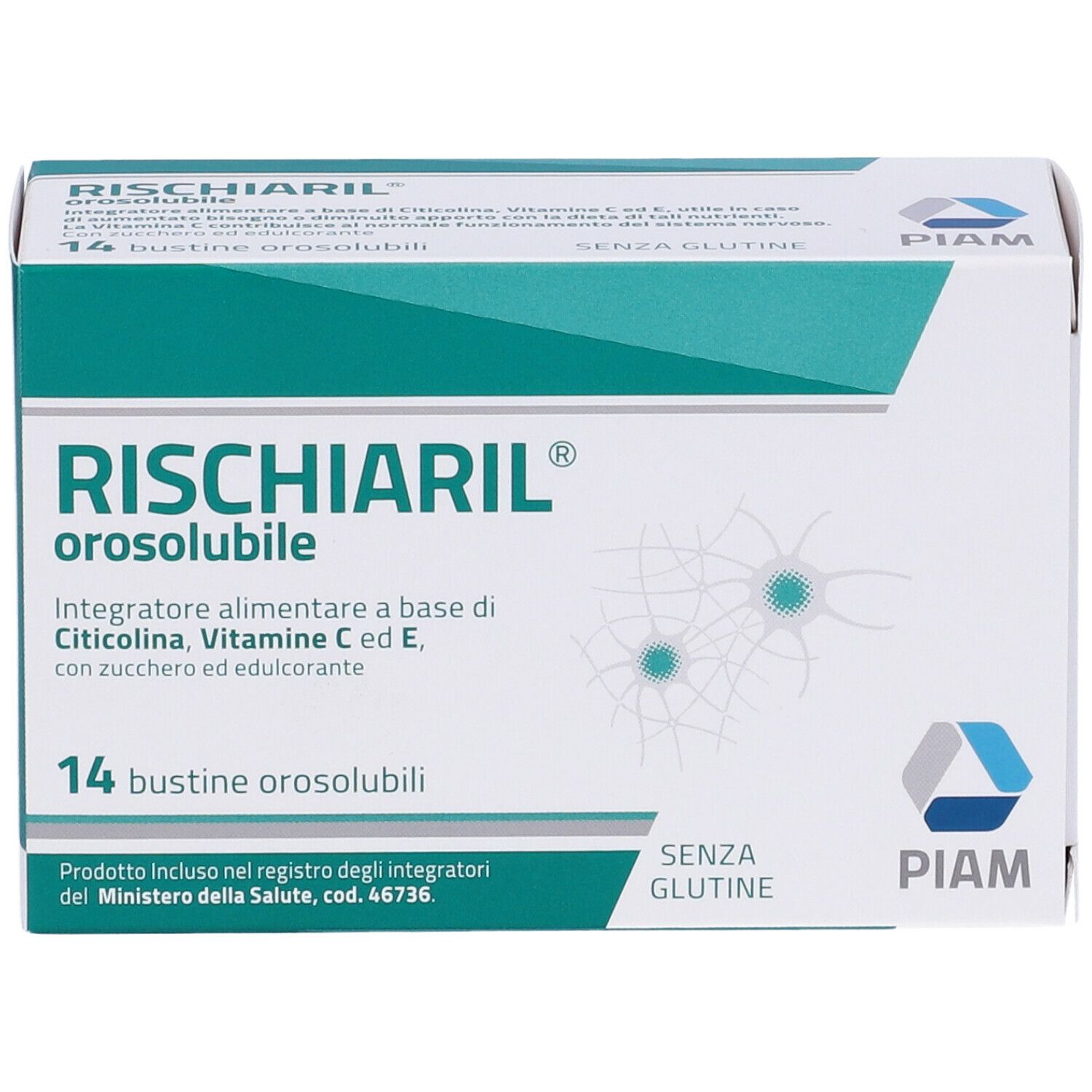 Schachtel RISCHIARIL Orosoluble. 14 Beutel, glutenfrei. Enthält Citicolin, Vitamin C und E.