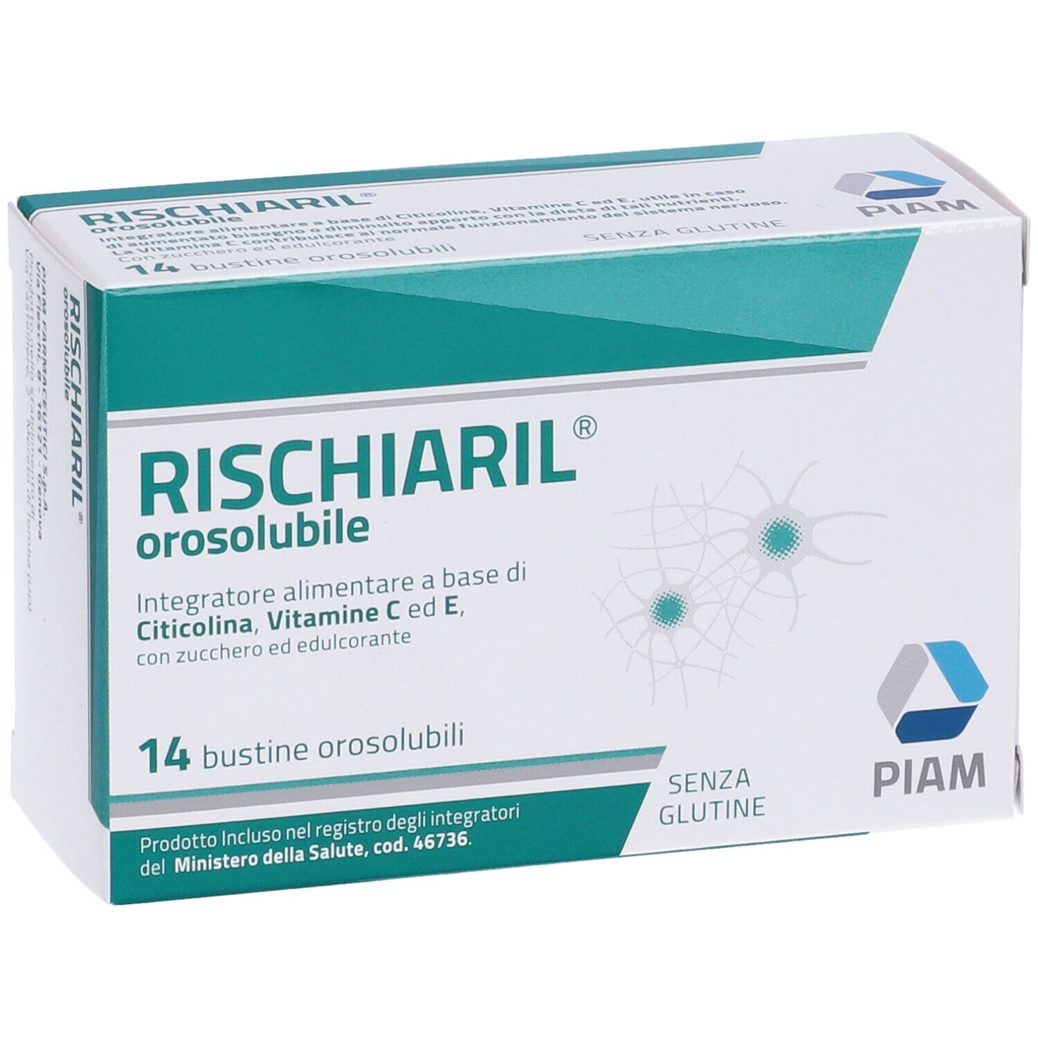 Schachtel RISCHIARIL Orosoluble. 14 Beutel, glutenfrei. Enthält Citicolin, Vitamin C und E.