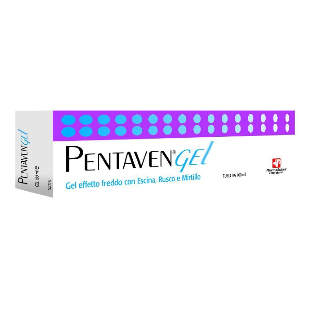 Confezione con nome del prodotto e punti blu. Testo: Gel effetto freddo con Escina, Rusco e Mirtillo.