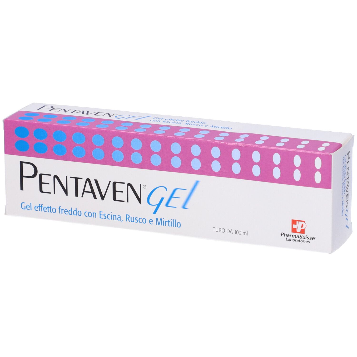 Confezione prodotto con punti blu-rosa. Testo: Gel effetto freddo con Escina, Rusco e Mirtillo. PharmaSuisse Laboratories.