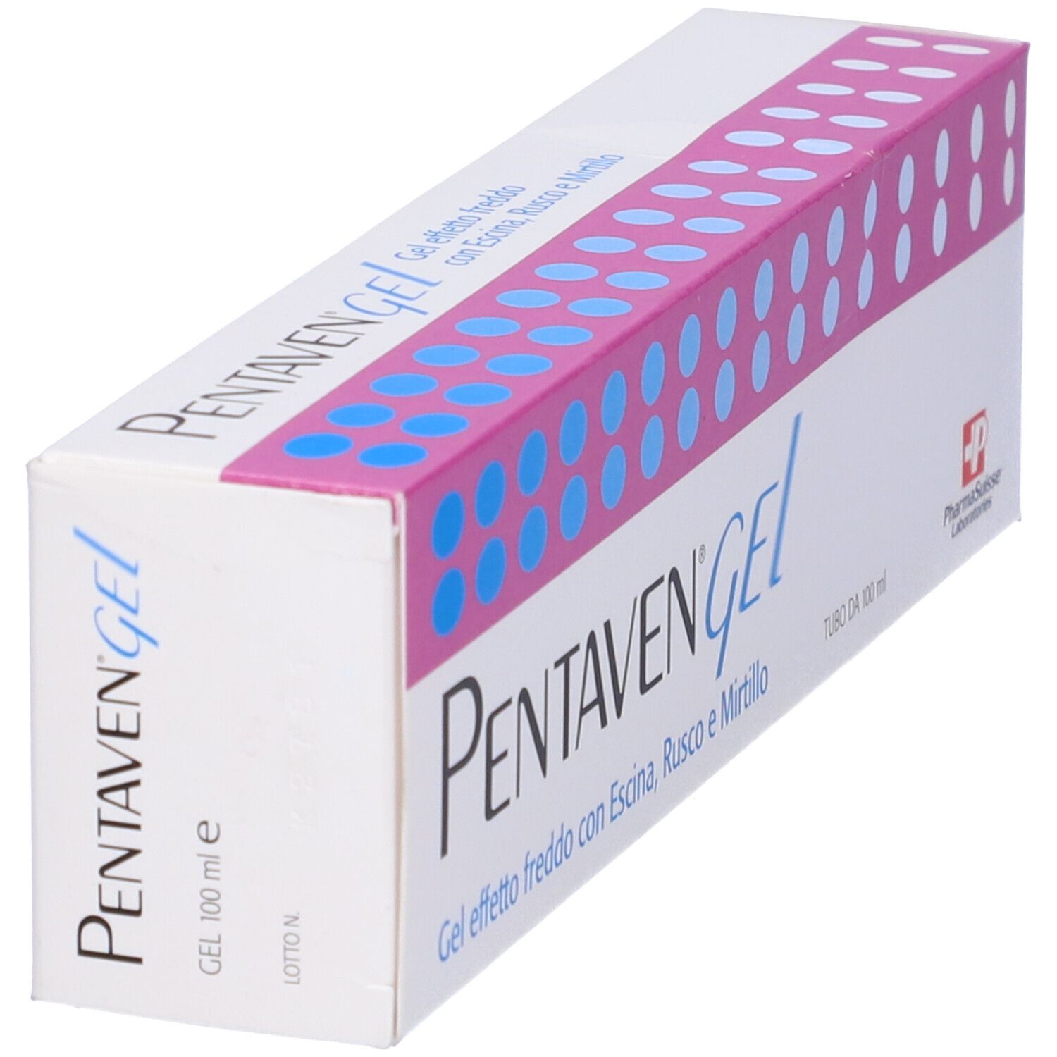 Confezione prodotto, in diagonale. Testo: Gel effetto freddo con Escina, Rusco e Mirtillo. PharmaSuisse Laboratories.