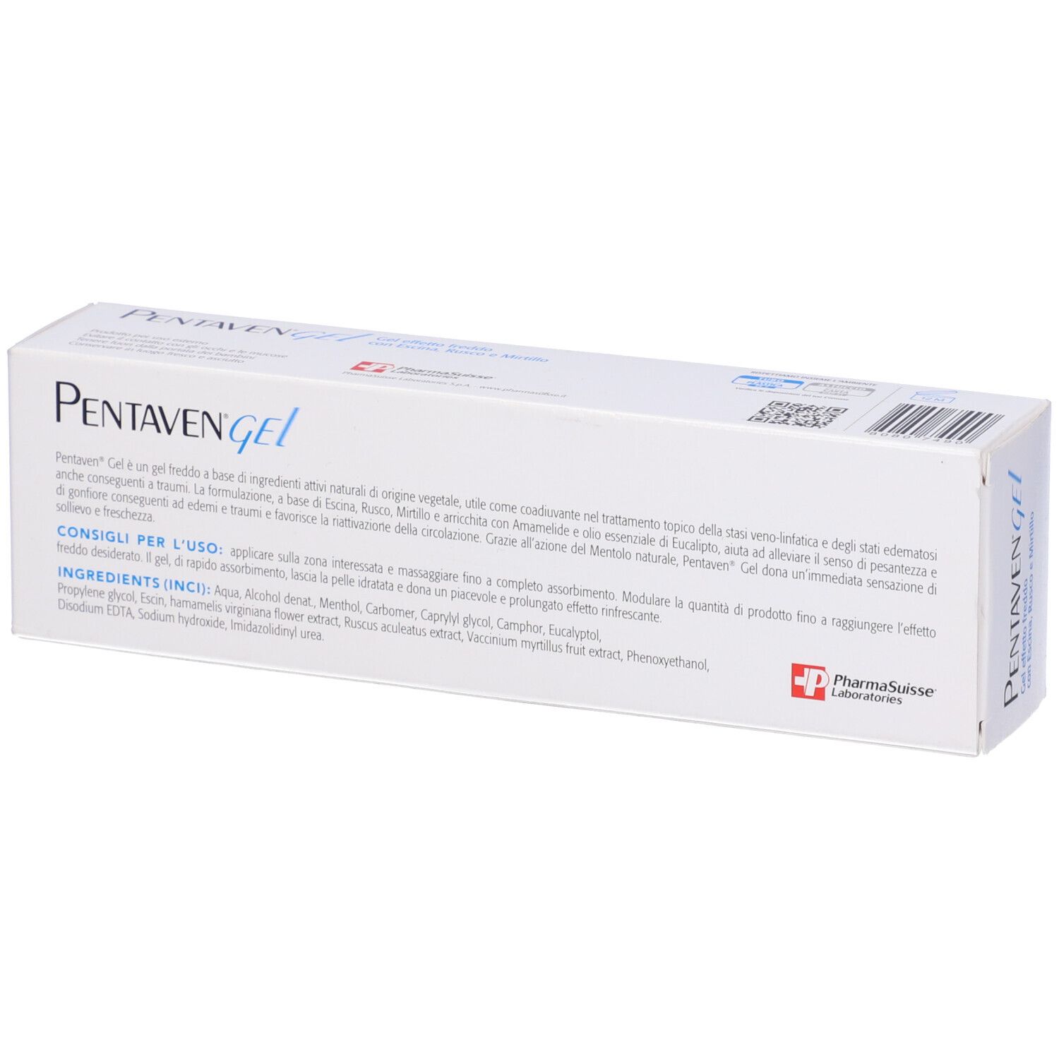 Confezione prodotto con testo. Testo: CONSIGLI PER L'USO, INGREDIENTS (INCI). PharmaSuisse Laboratories.