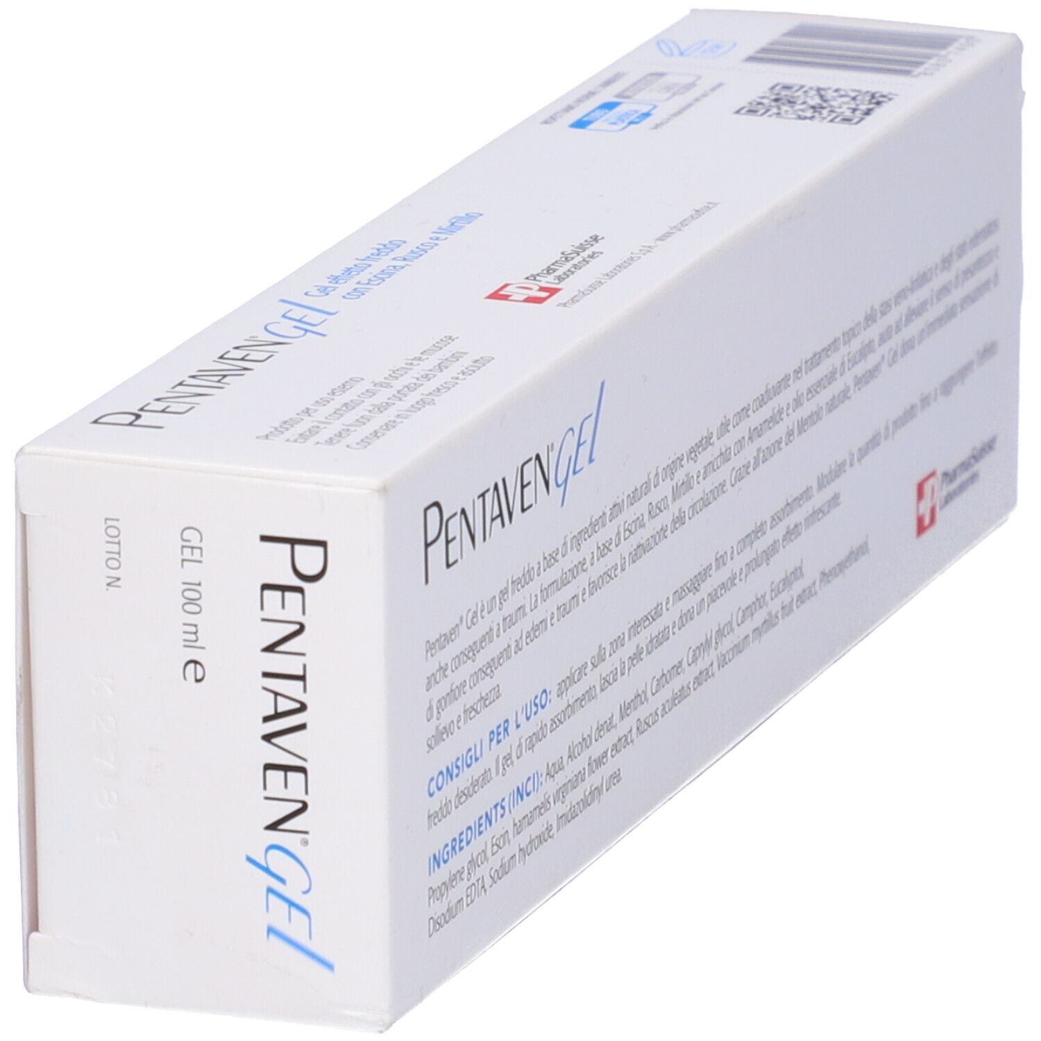 Confezione prodotto, in diagonale. Testo: Gel effetto freddo con Escina, Rusco e Mirtillo. PharmaSuisse Laboratories.